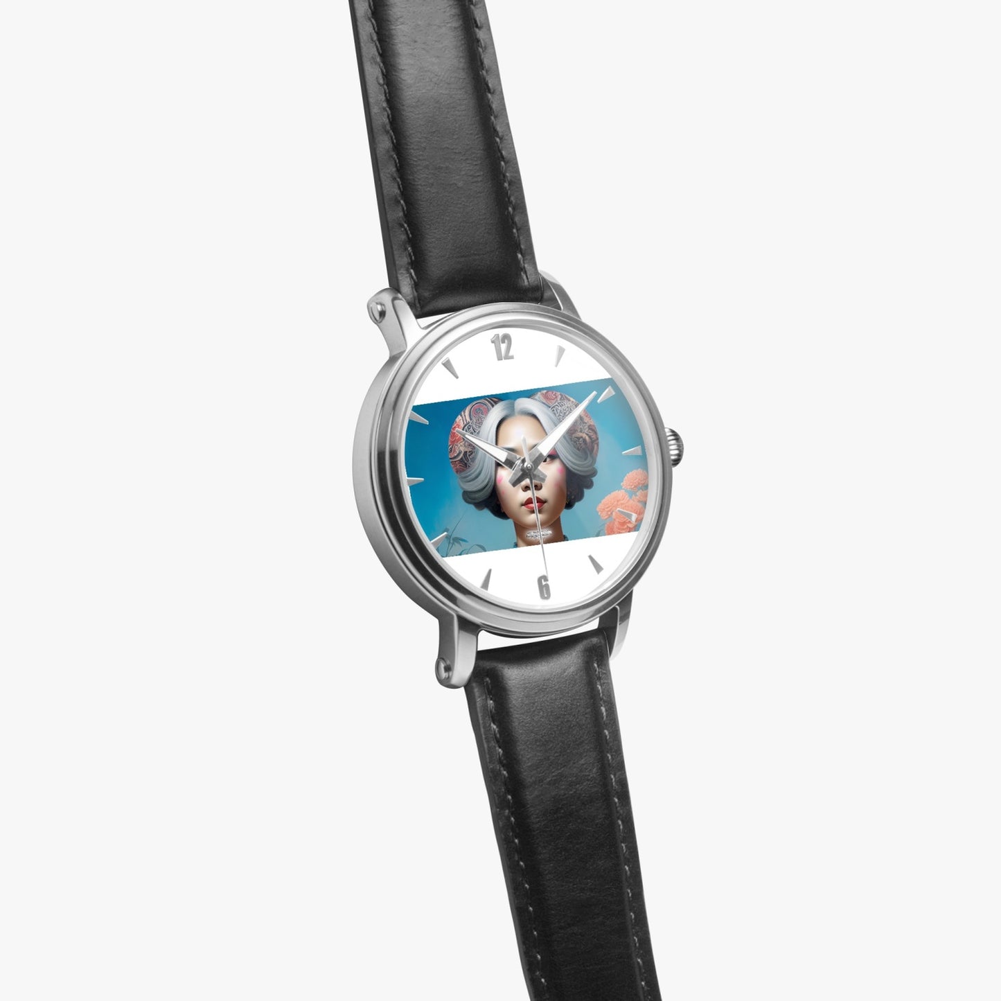 Asian woman clock face Silver grey white hair inspiration 46mm Unisex Automatic Watch (Silver)