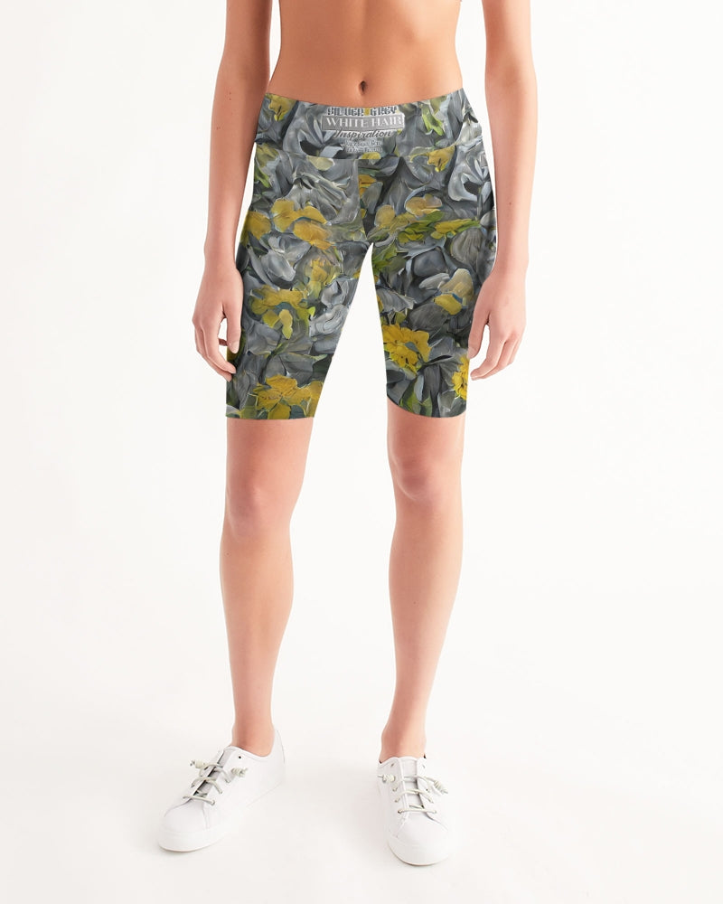 Silver grey abstract flower pattern with brand logo Women's Mid-Rise Bike Shorts