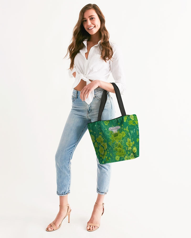 Lush green flower pattern design with logo Canvas Zip Tote