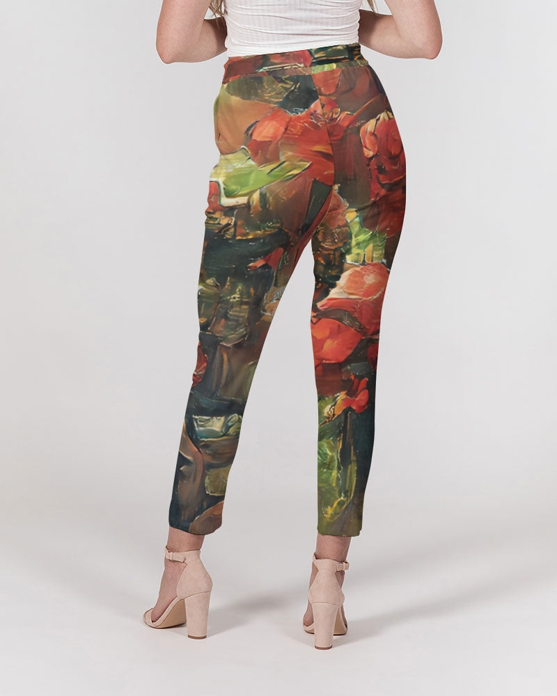 Abstract Rose design Women's Belted Tapered Pants