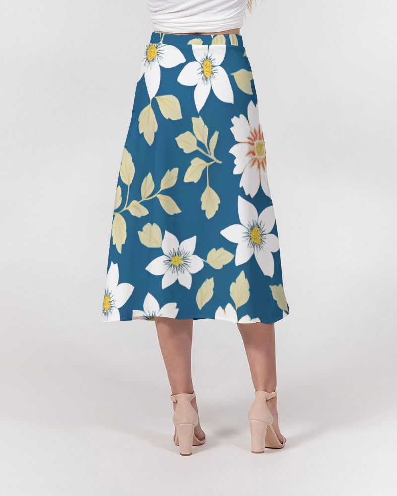 Dark blue background and white flower pattern Women's All-Over Print A-Line Midi Skirt