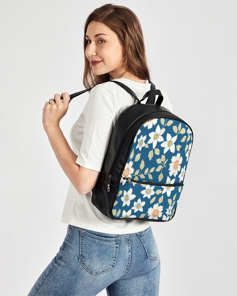 Dark blue background and white flower pattern Classic Faux Leather Backpack