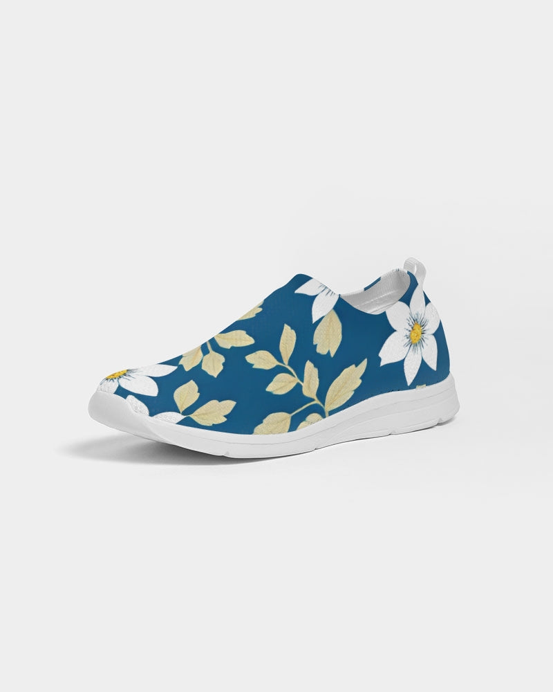 Dark blue background and white flower pattern Women's Slip-On Flyknit Shoe