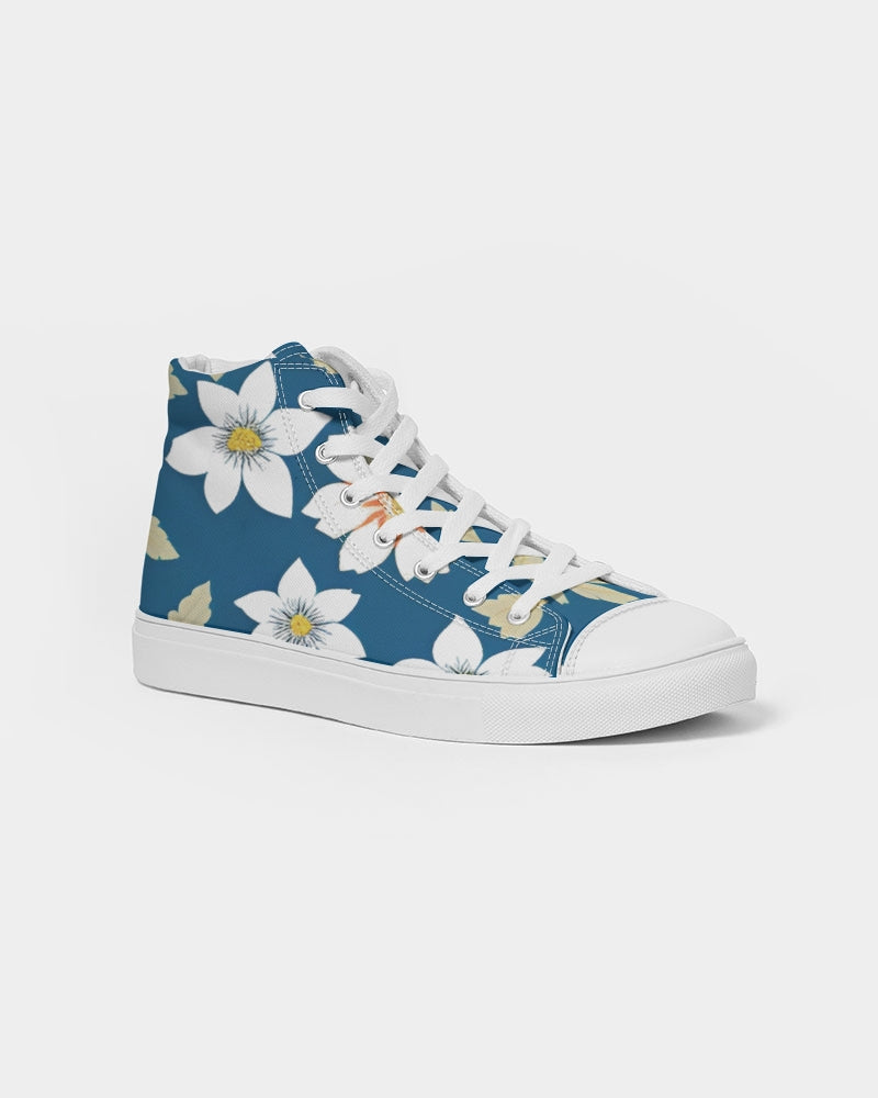 Dark blue background and white flower pattern Women's Hightop Canvas Shoe