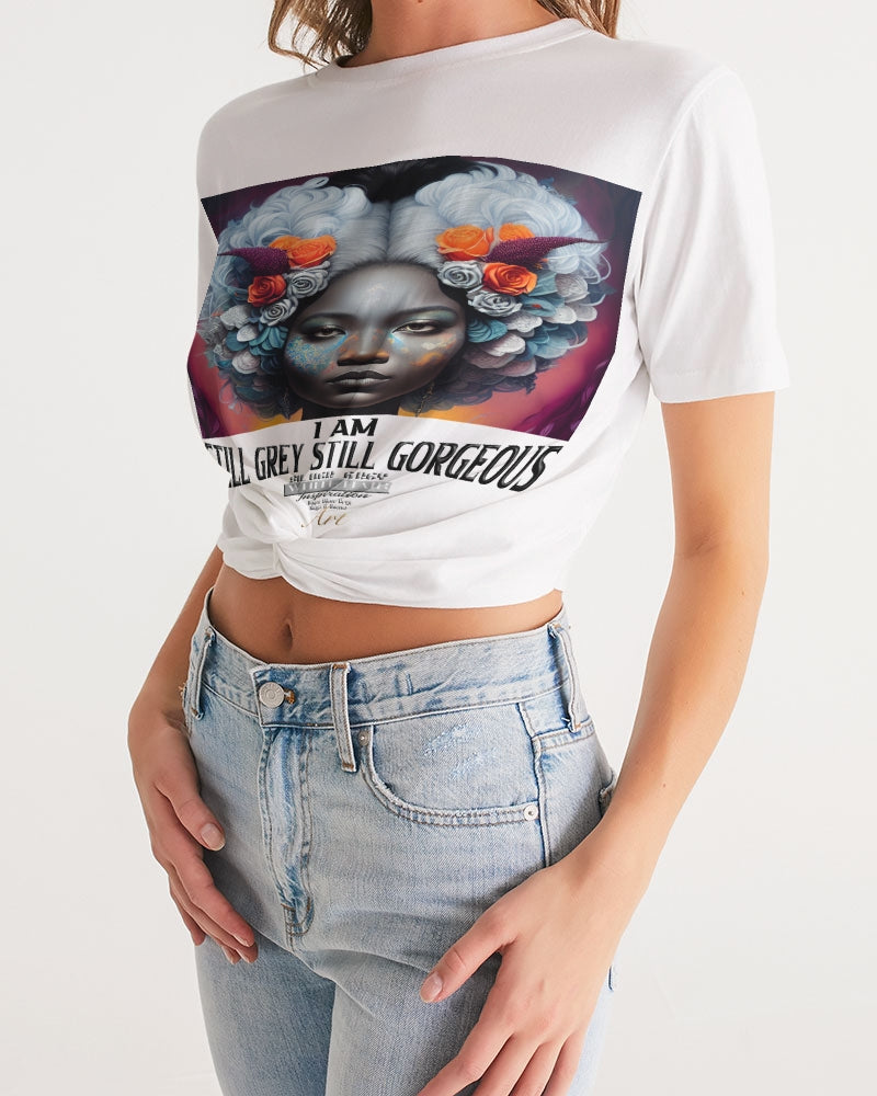 Promoting black women with silver grey hair Women's Twist-Front Cropped Tee