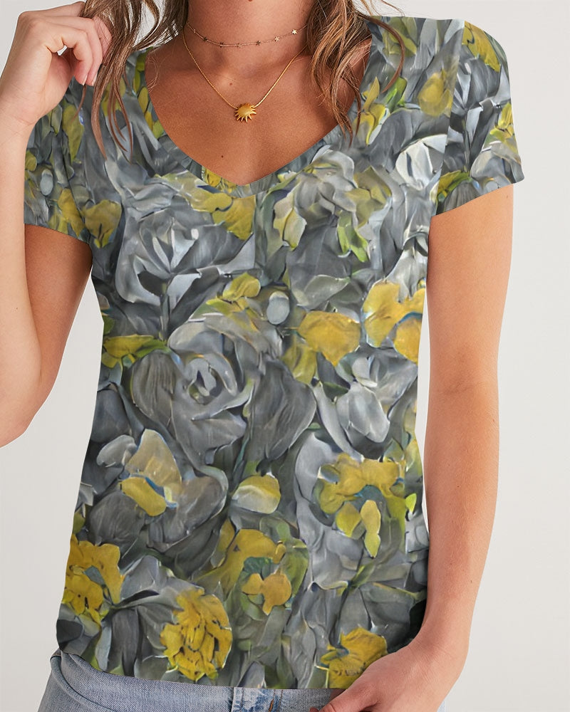 Orange and yellow and grey abstract design of Roses Women's V-Neck Tee