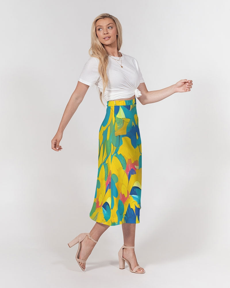 Beautiful yellow and blue hint of red pattern Women's A-Line Midi Skirt