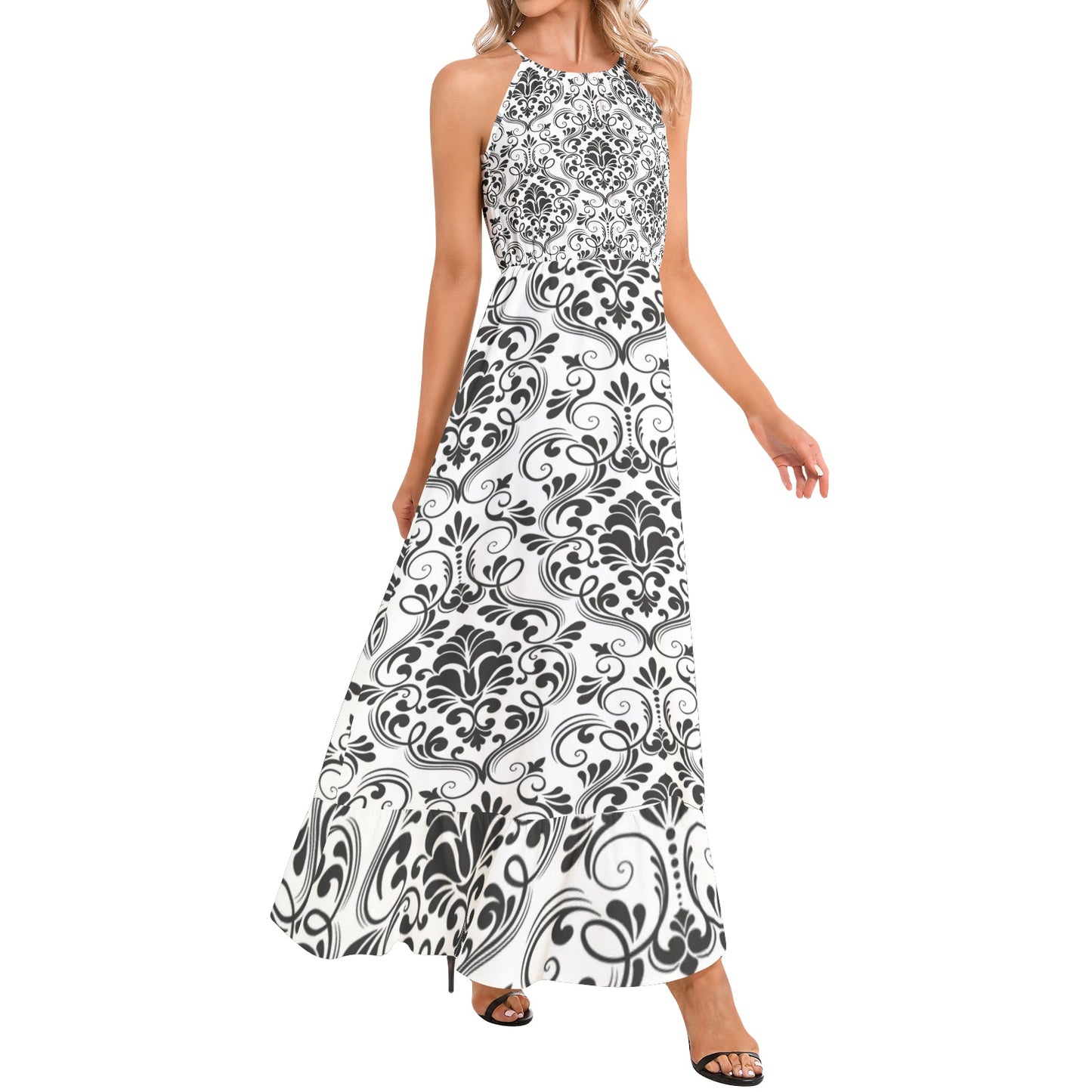 Ruffle Hem Halter Neck Maxi Dress