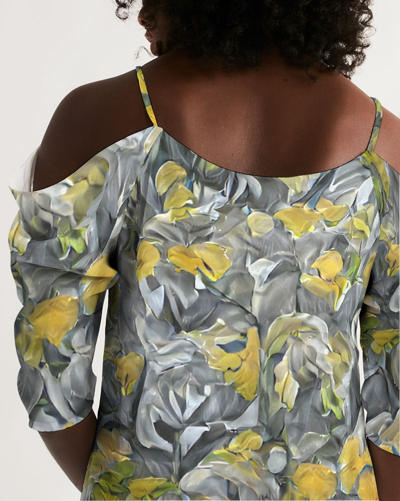 Orange and yellow and grey abstract design of Roses Women's Open Shoulder A-Line Dress