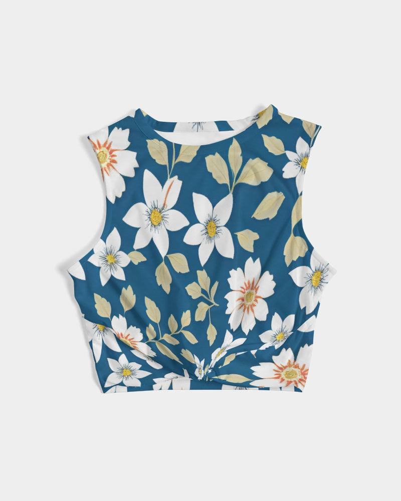 Dark blue background and white flower pattern Women's  All-Over Print Twist-Front Tank