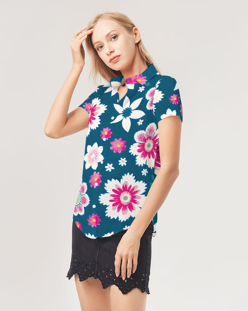 Beautiful floral pattern Women's All-Over Print Short Sleeve Button Up