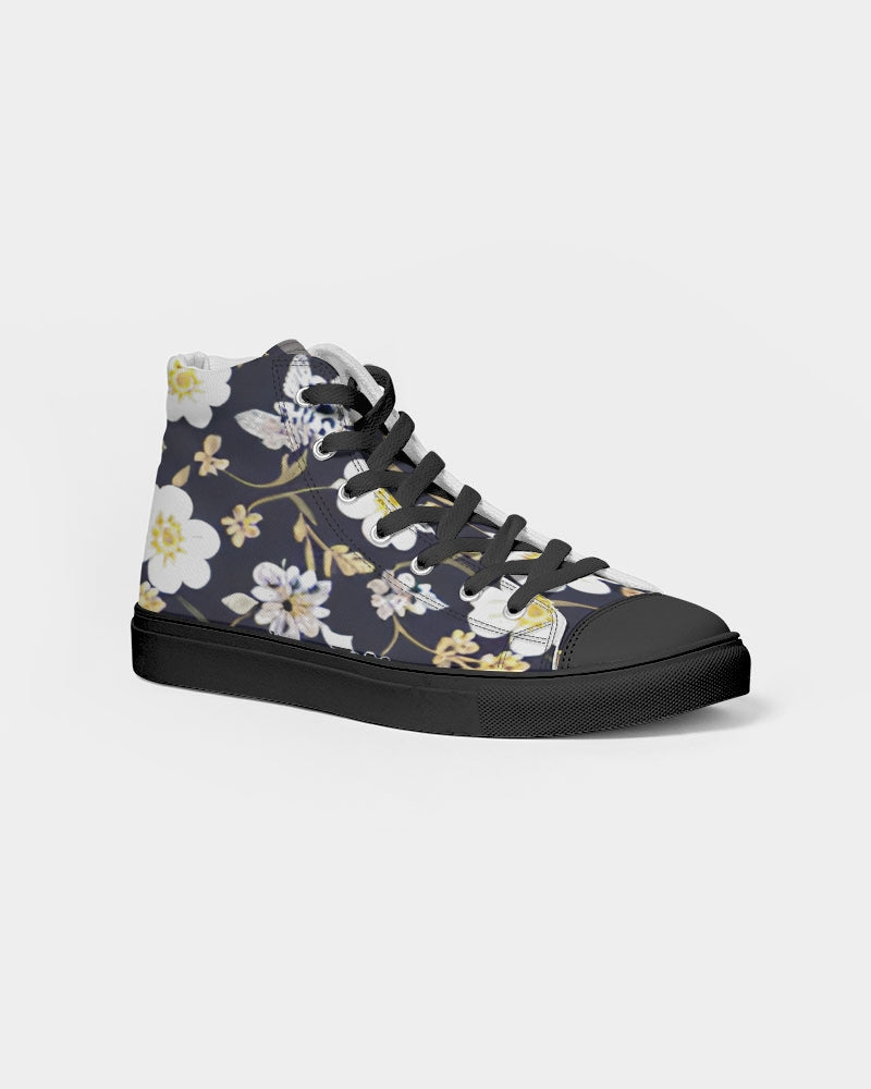 Pink flower black background Women's Hightop Canvas Shoe - Black