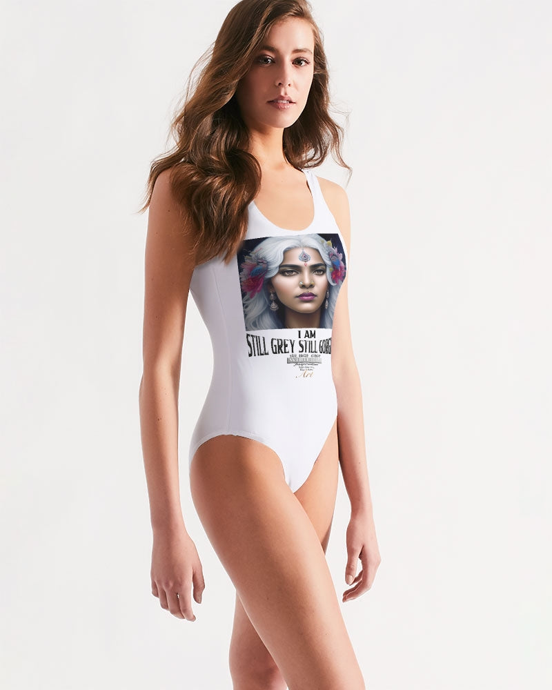 Promoting Indian women with silver grey hair Women's One-Piece Swimsuit