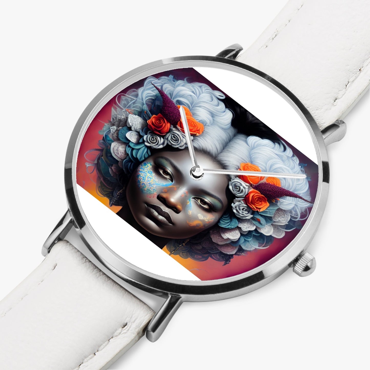 Black woman clock face Silver grey white hair inspiration Hot Selling Ultra-Thin Leather Strap Quartz Watch (Silver)