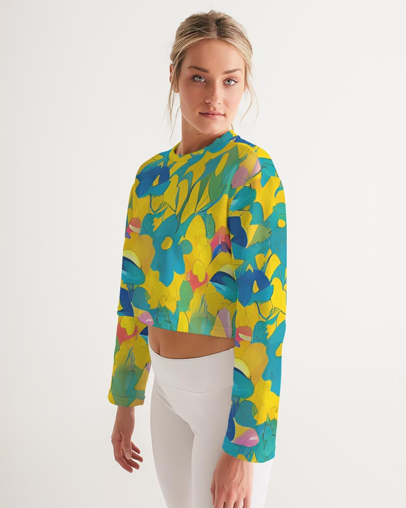 Beautiful yellow and blue hint of red pattern Women's Cropped Sweatshirt