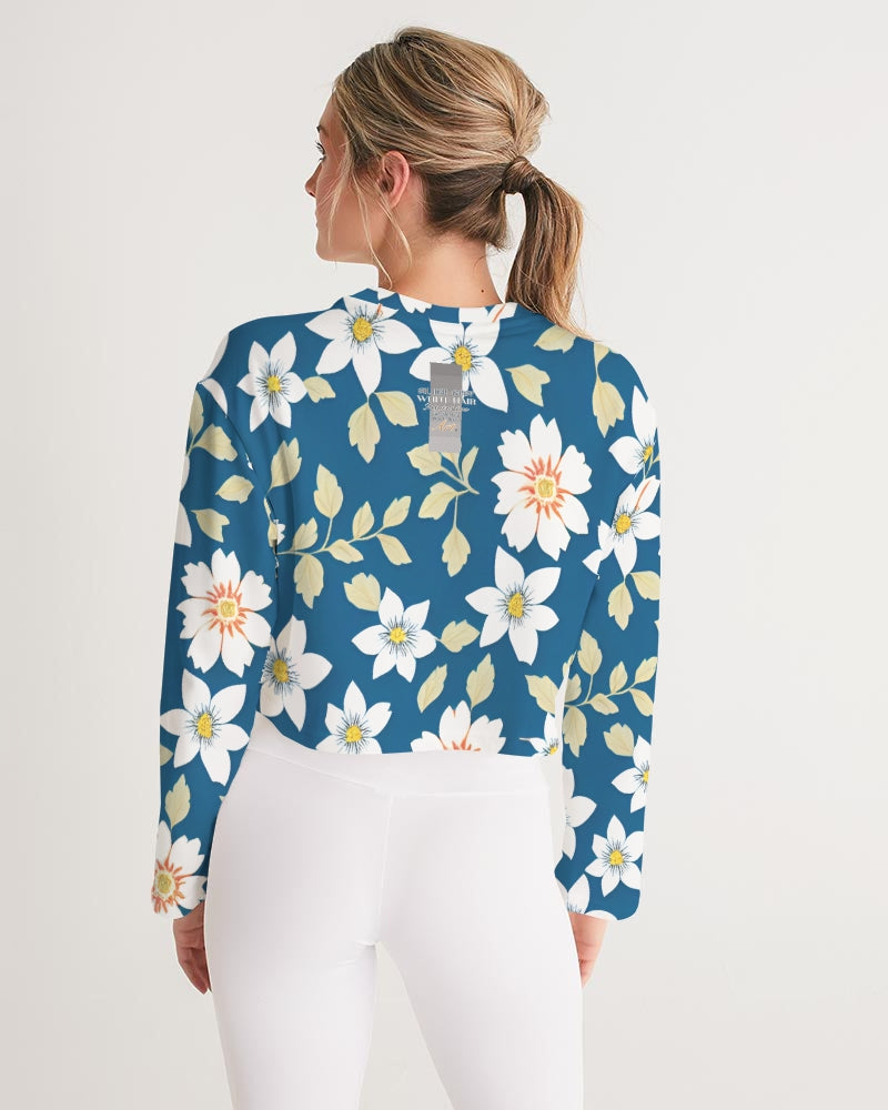 Dark blue background and white flower pattern Women's All-Over Print Cropped Sweatshirt