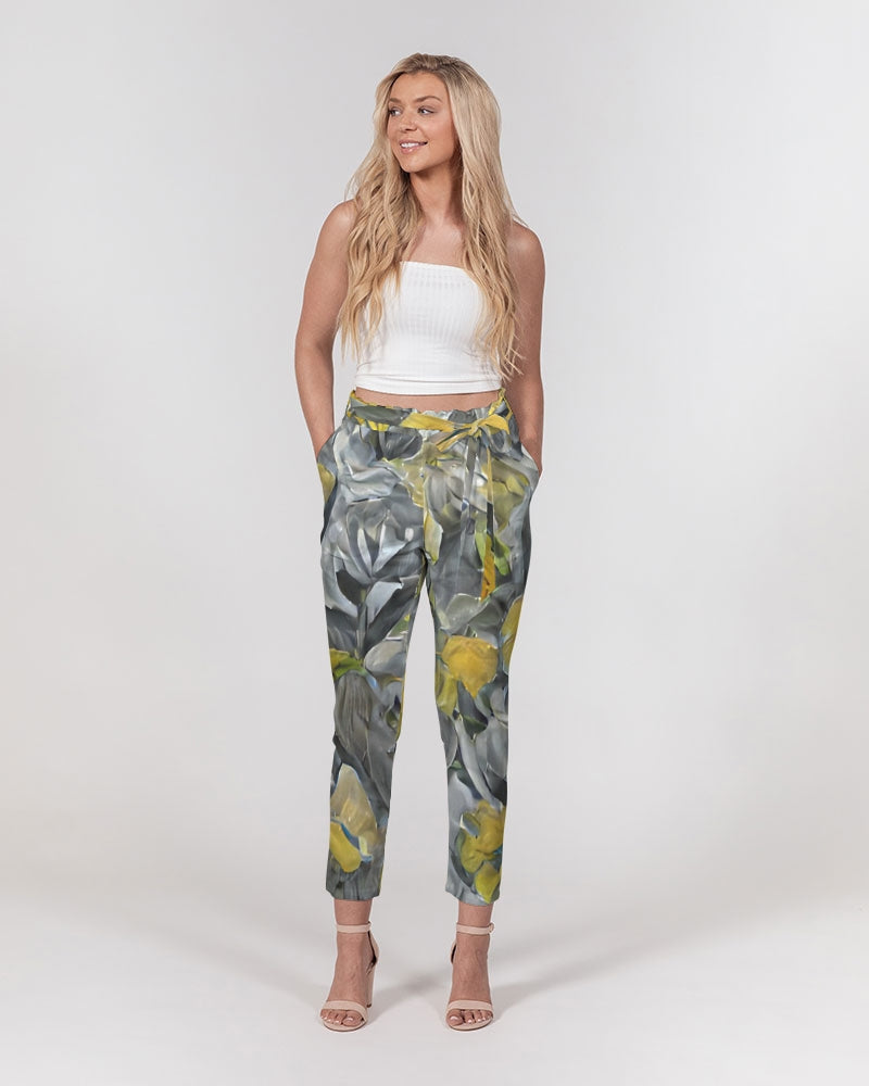 Orange and yellow and grey abstract design of Roses Women's Belted Tapered Pants