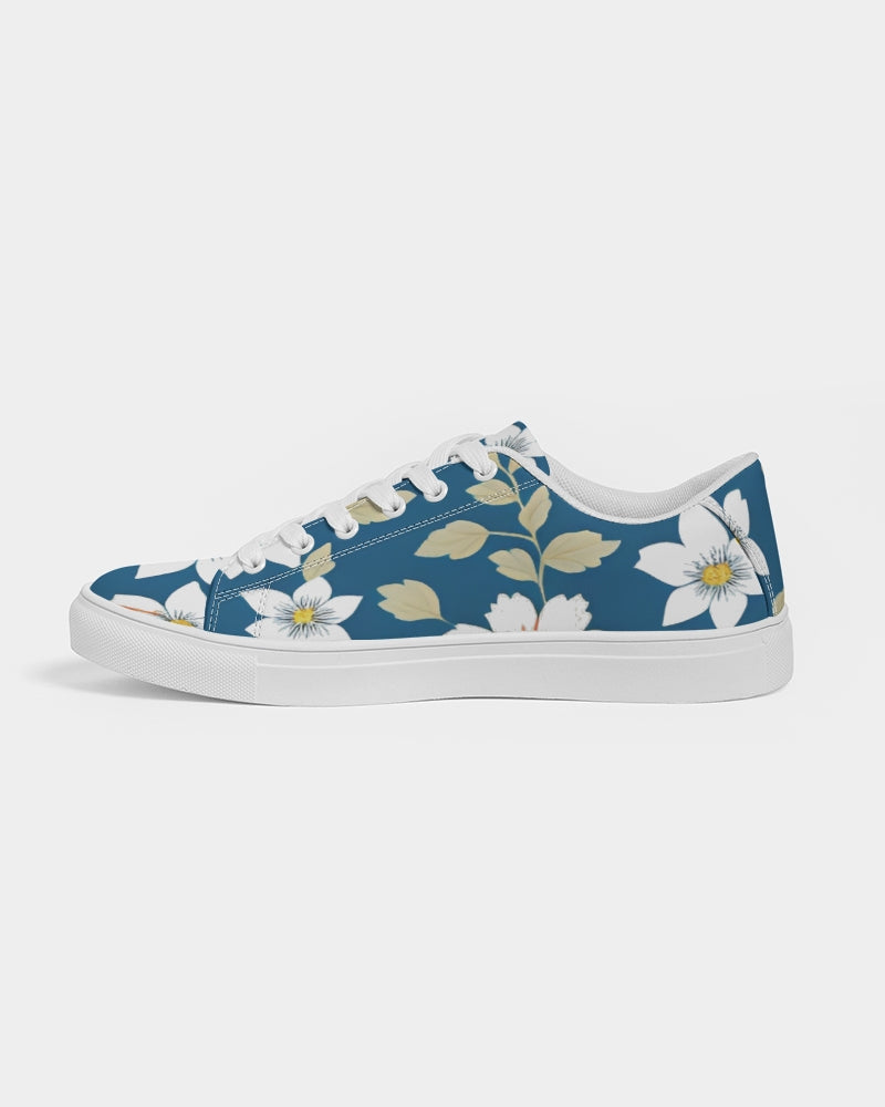 Dark blue background and white flower pattern Women's Faux-Leather Sneaker