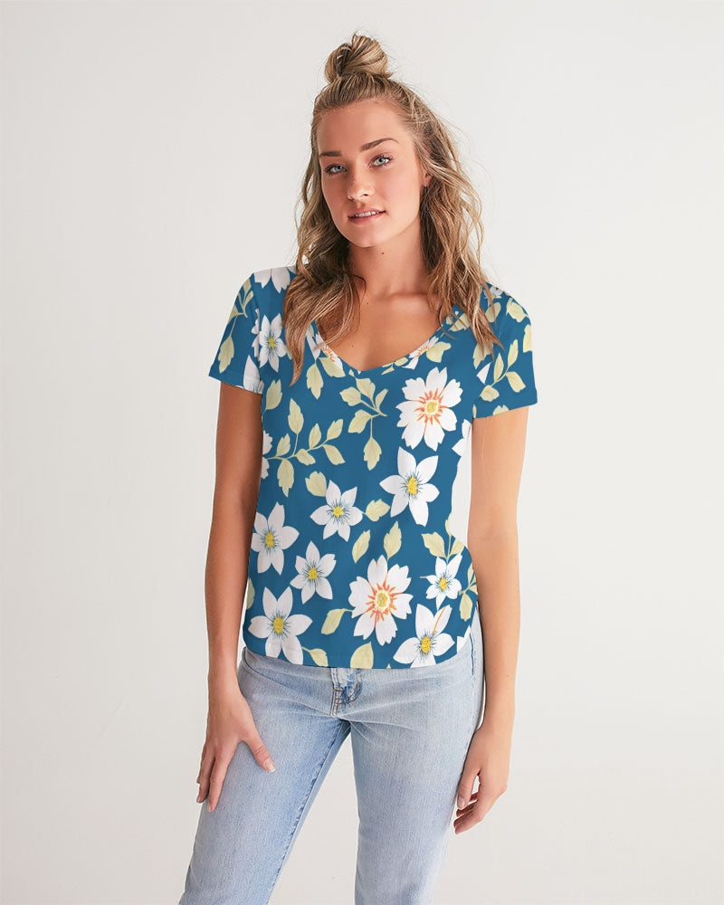 Dark blue background and white flower pattern Women's All-Over Print V-Neck Tee