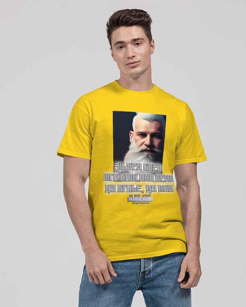 Silver Grey white hair and beard, my style my way Unisex Heavy Cotton T-Shirt | Gildan