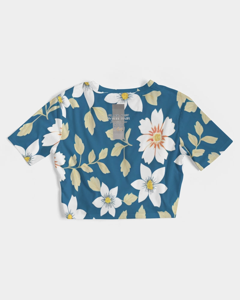 Dark blue background and white flower pattern Women's All-Over Print Twist-Front Cropped Tee