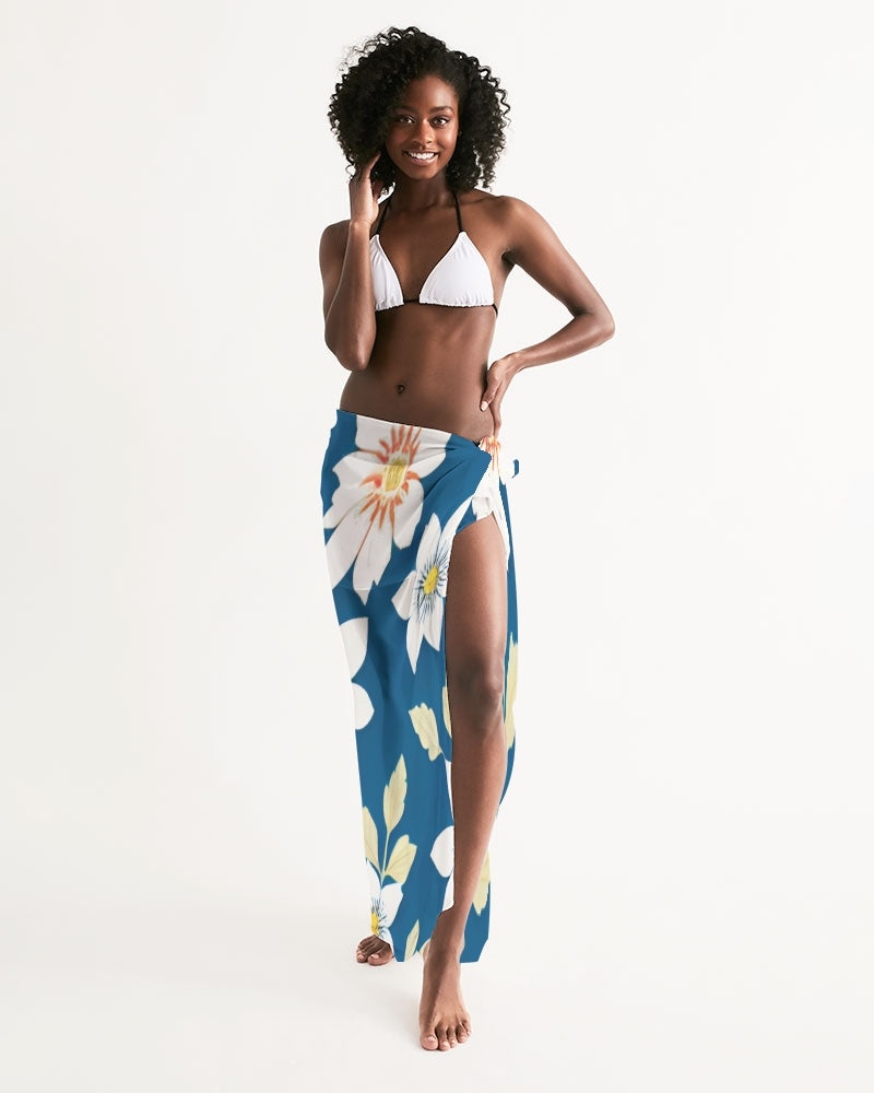 Dark blue background and white flower pattern All-Over Print Swim Cover Up