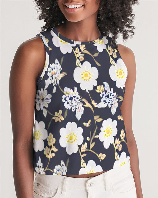 Pink flower black background Women's All-Over Print Cropped Tank