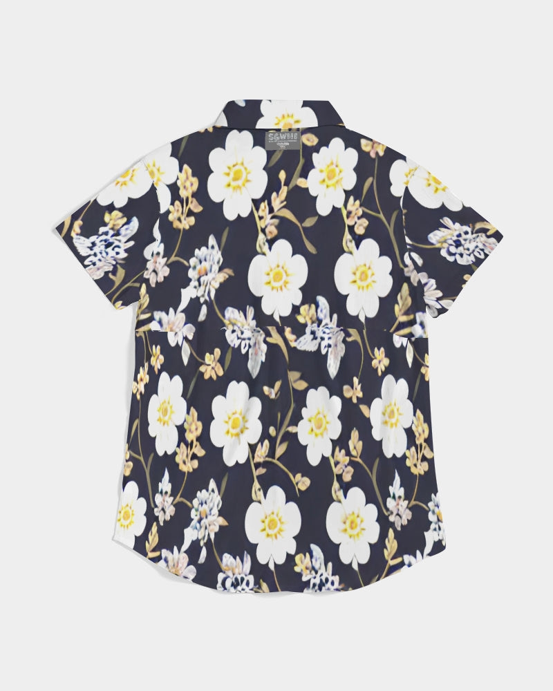 Pink flower black background Women's All-Over Print Short Sleeve Button Up