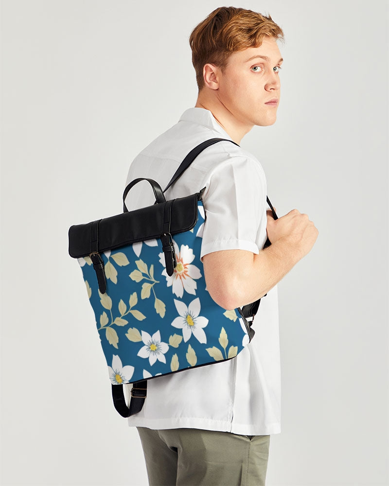 Dark blue background and white flower pattern Casual Flap Backpack