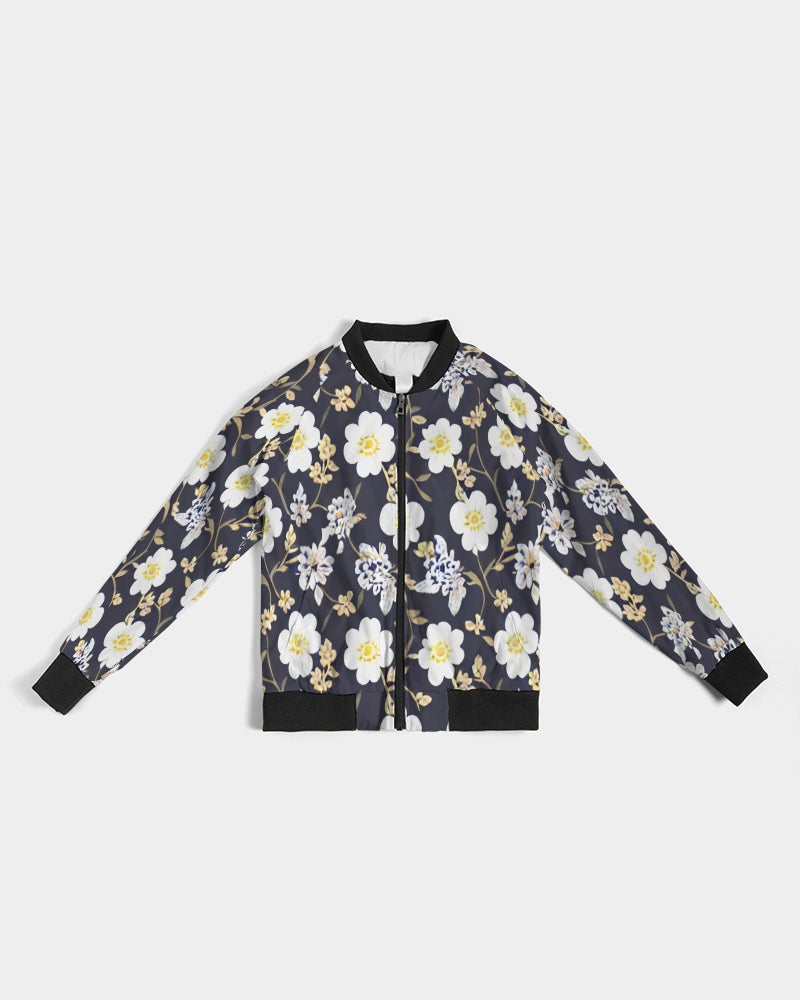 Pink flower black background Women's All-Over Print Bomber Jacket