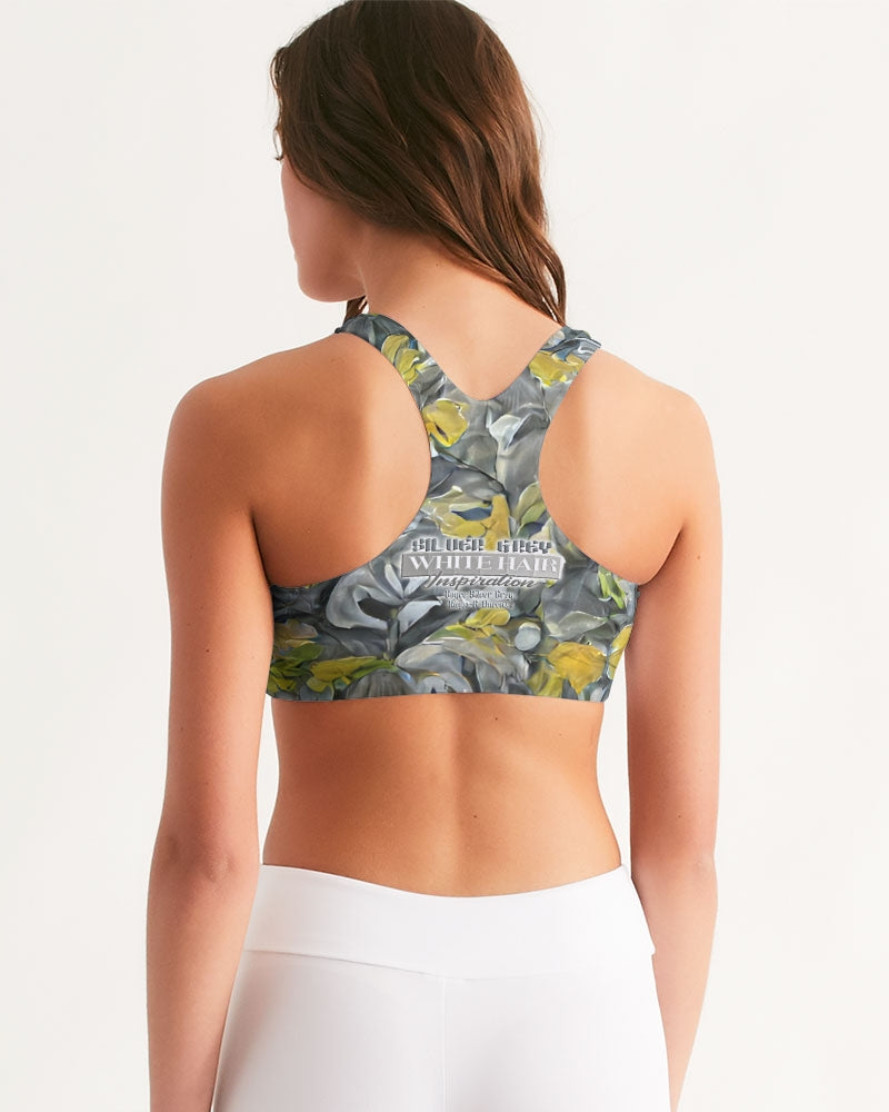 Silver grey abstract flower pattern with brand logo Women's Seamless Sports Bra