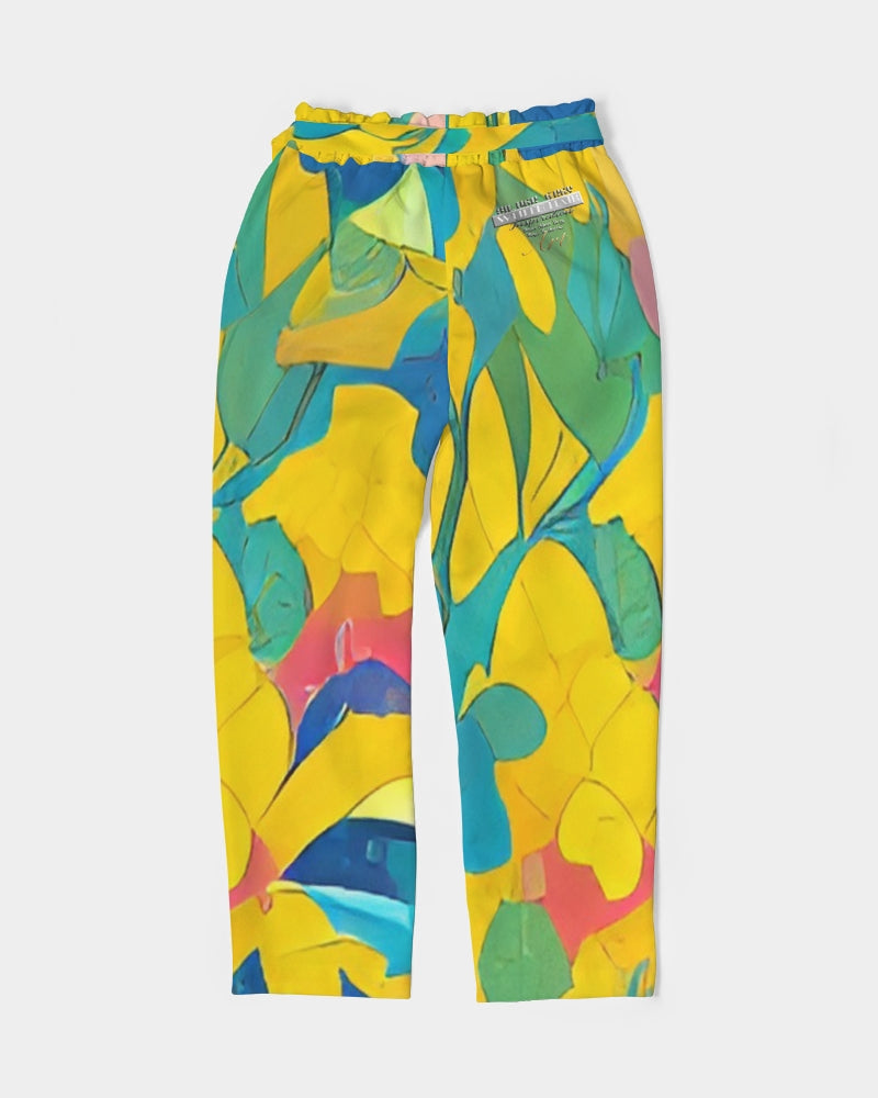 Beautiful yellow and blue hint of red pattern Women's Belted Tapered Pants