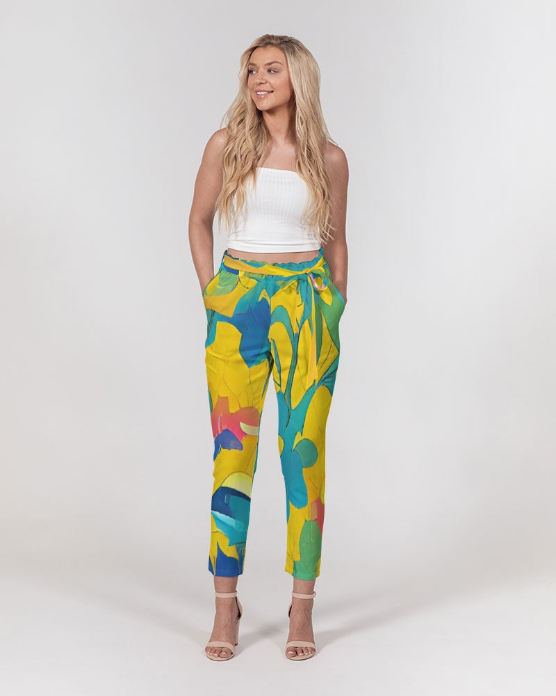 Beautiful yellow and blue hint of red pattern Women's Belted Tapered Pants