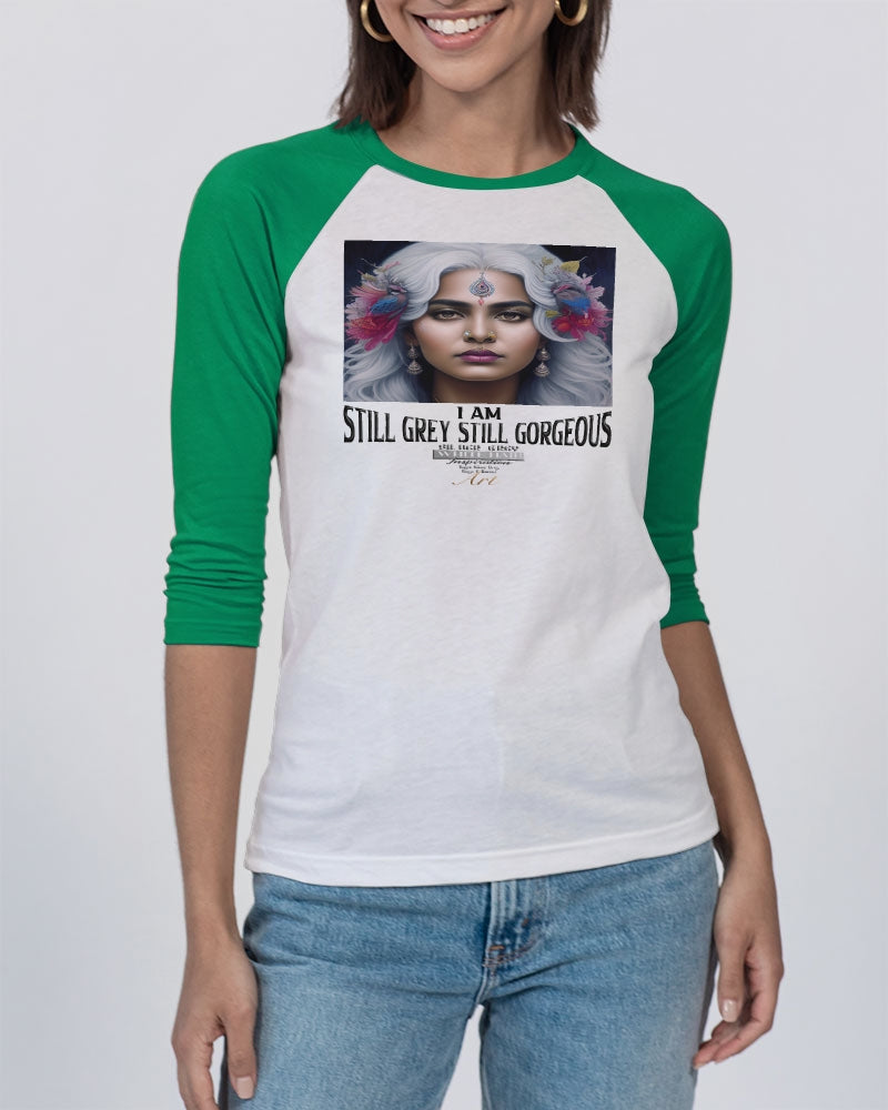 Promoting Indian women with silver grey hair Unisex Three-Quarter Sleeve Baseball Tee | Bella + Canvas