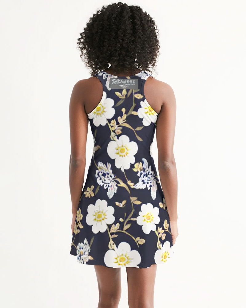 Pink flower black background Women's All-Over Print Racerback Dress