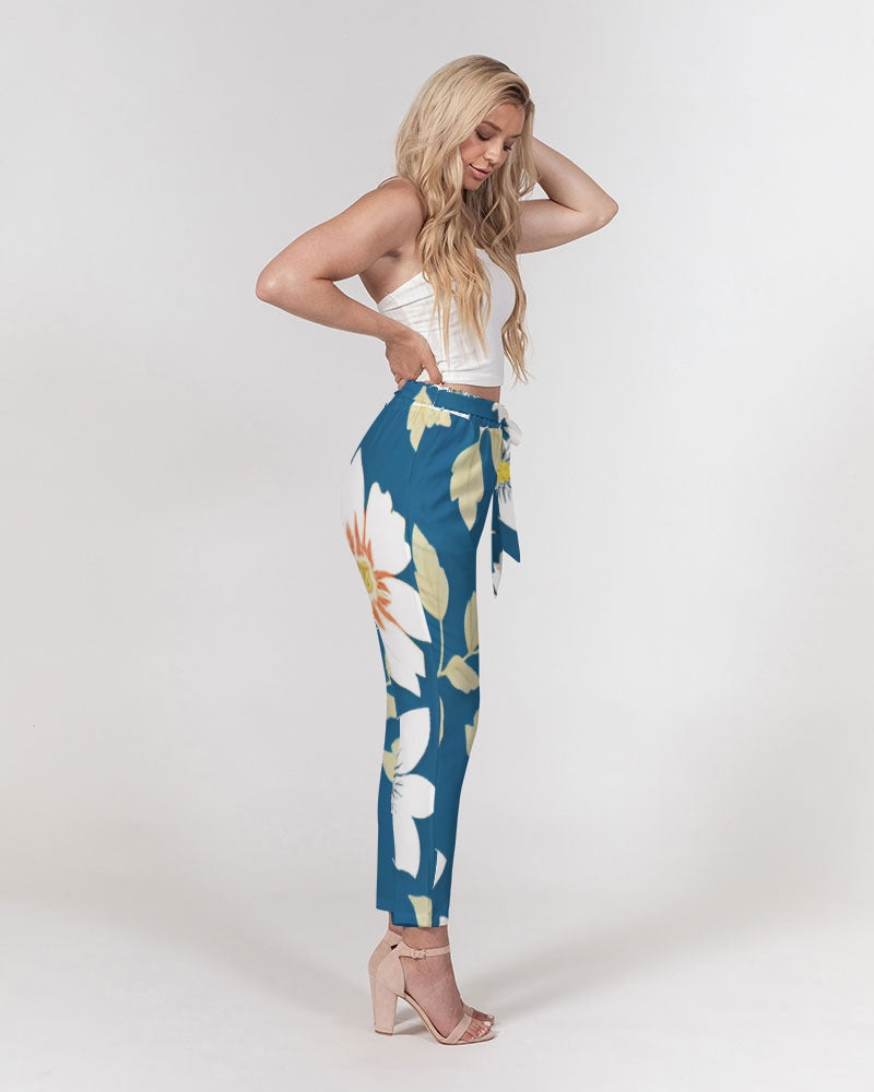 Dark blue background and white flower pattern Women's All-Over Print Belted Tapered Pants