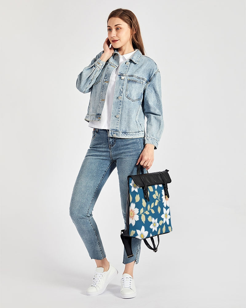 Dark blue background and white flower pattern Casual Flap Backpack