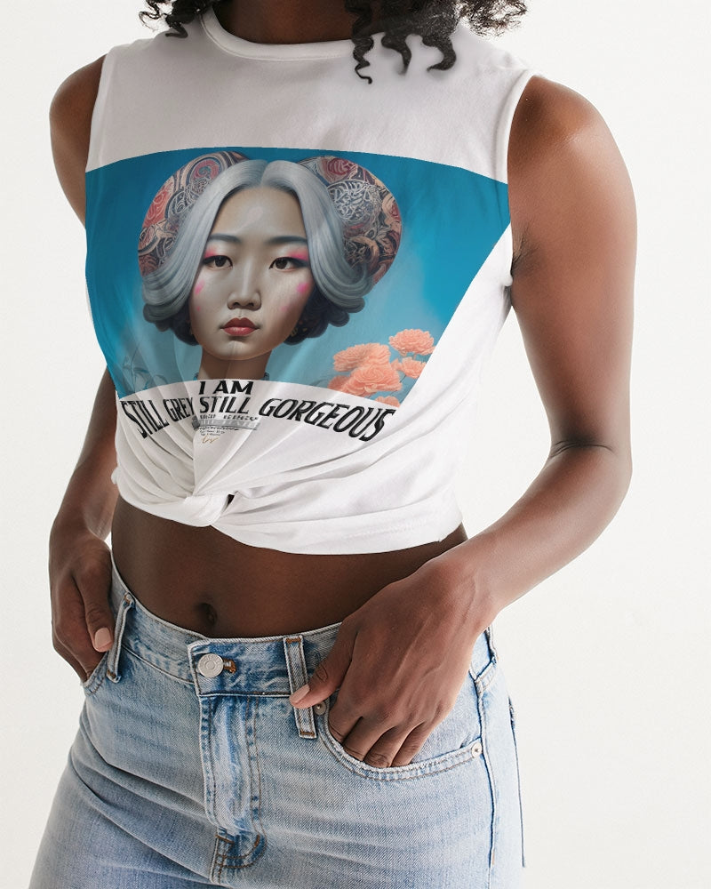 Promoting Asian women with silver grey Women's Twist-Front Tank