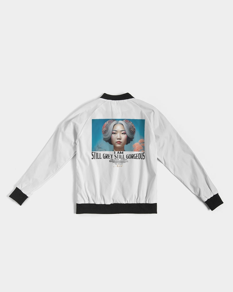 Promoting Asian women with silver grey Women's Bomber Jacket