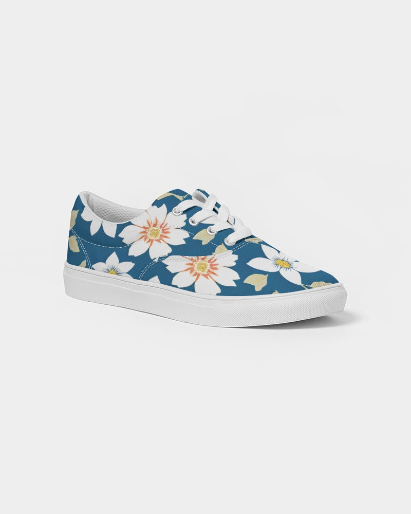 Dark blue background and white flower pattern Women's Lace Up Canvas Shoe