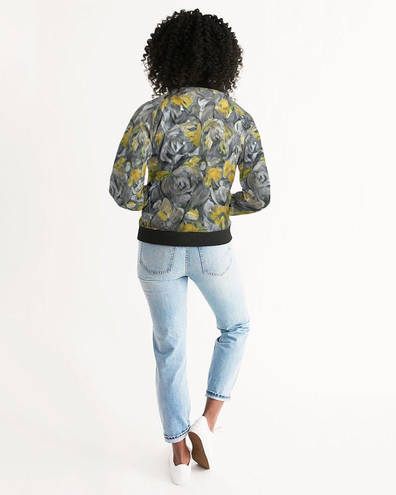 Orange and yellow and grey abstract design of Roses Women's Bomber Jacket