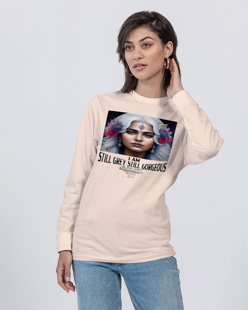 Promoting Indian women with silver grey hair Unisex Long Sleeve Tee | Lane Seven