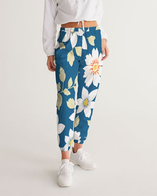 Dark blue background and white flower pattern Women's All-Over Print Track Pants