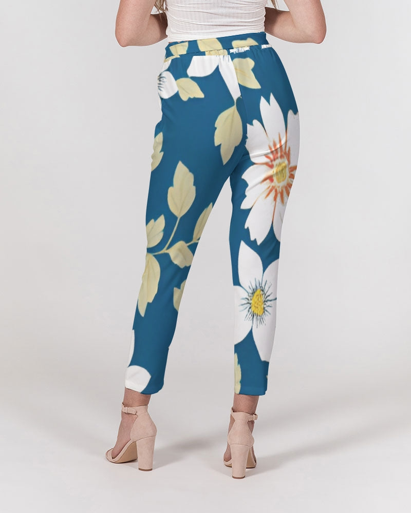 Dark blue background and white flower pattern Women's All-Over Print Belted Tapered Pants