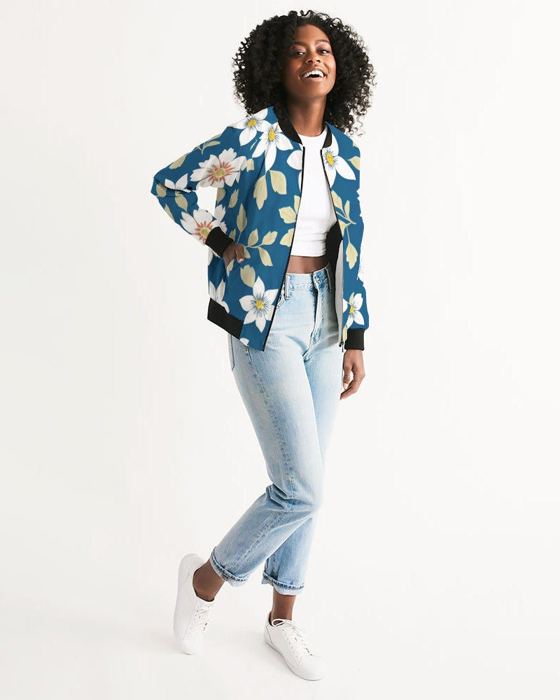 Dark blue background and white flower pattern Women's All-Over Print Bomber Jacket