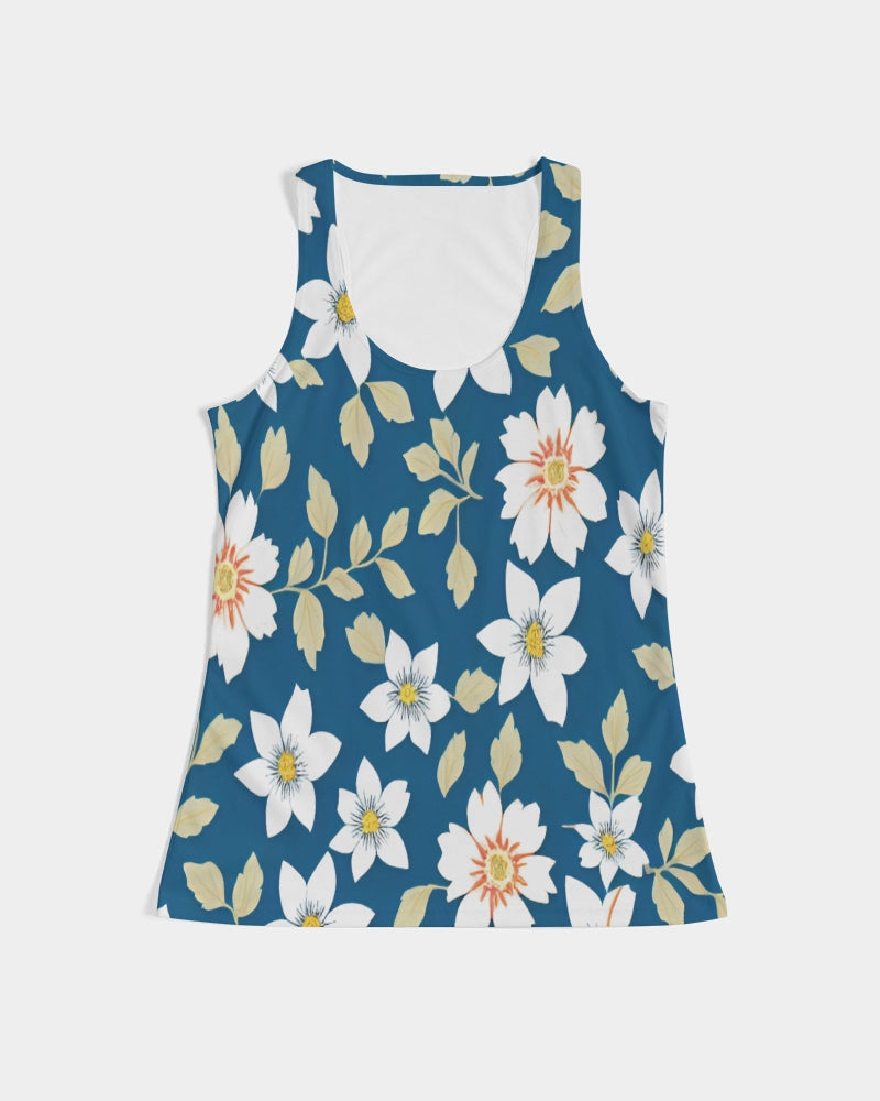 Dark blue background and white flower pattern Women's All-Over Print Tank