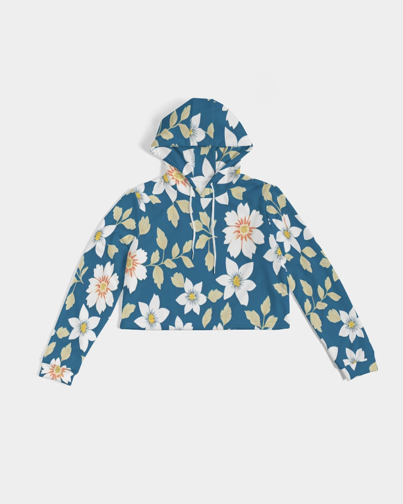 Dark blue background and white flower pattern Women's All-Over Print Cropped Hoodie