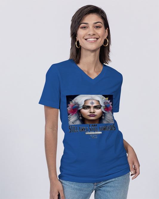 Promoting Indian women with silver grey hair Unisex Jersey V-Neck Tee | Bella + Canvas