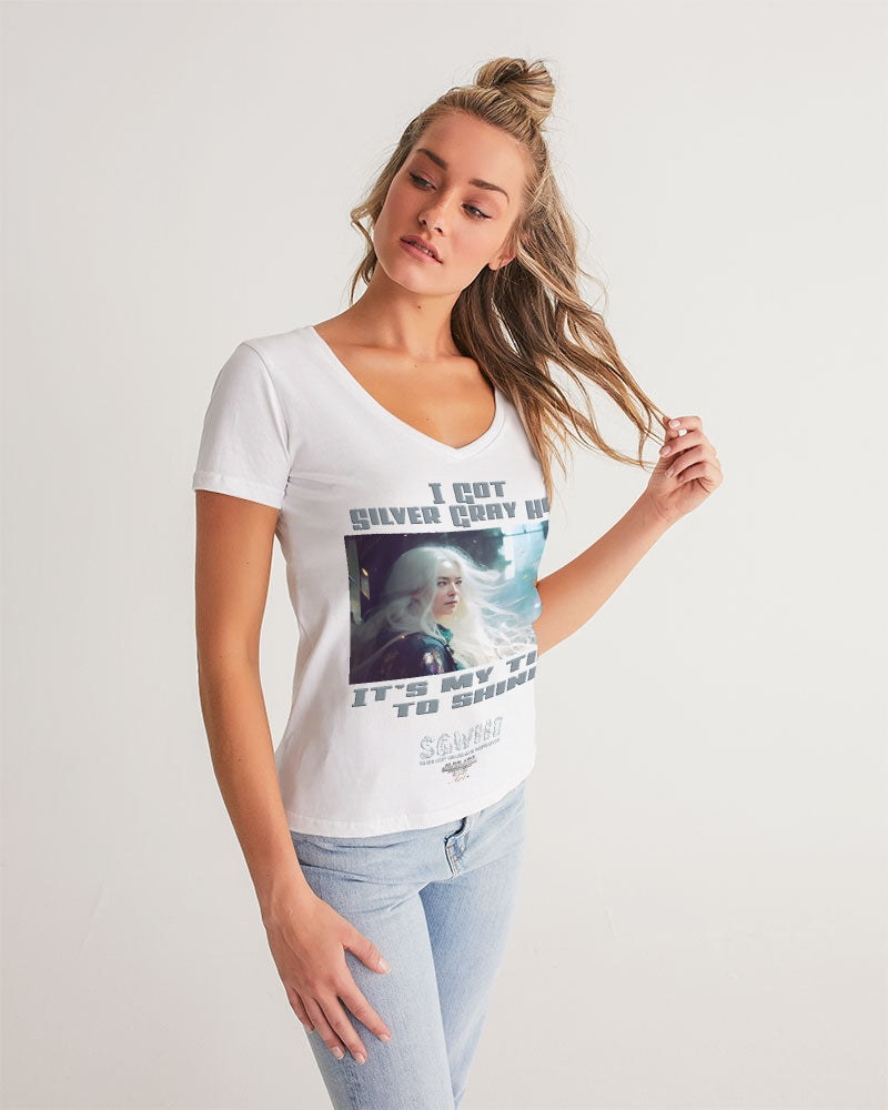 Beautiful white woman my time to shine Women's All-Over Print V-Neck Tee