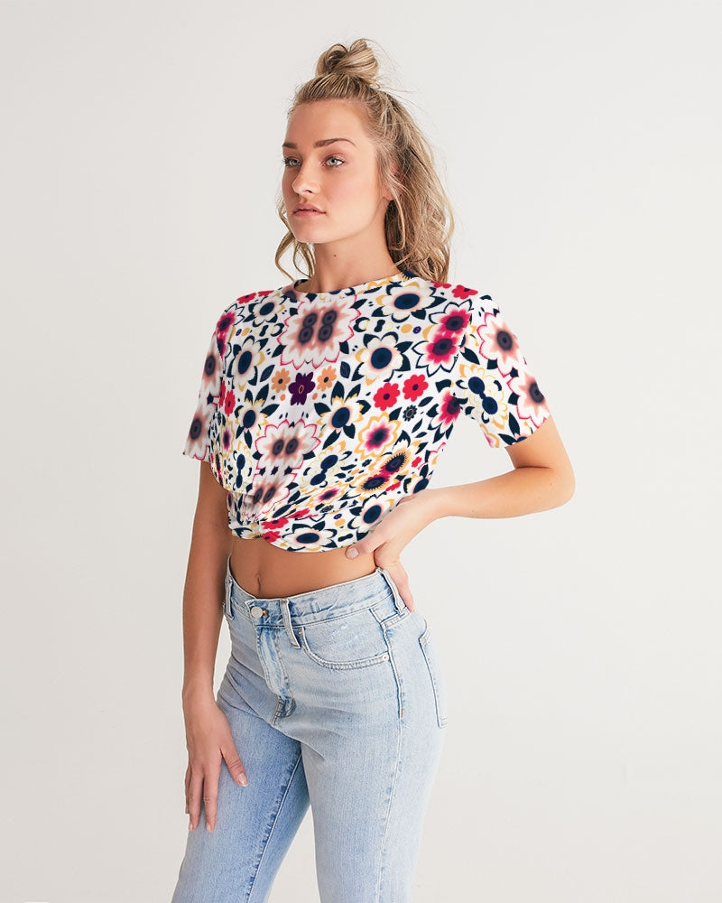 Abstract flower pattern Women's All-Over Print Twist-Front Cropped Tee